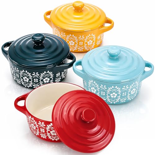 Goaste 4 Pack Porcelain Ramekins with Lids, 7 OZ Mini Casserole Dish with Handles, Round Ceramic Cocotte Bowl Set, Individual Small Baking Dish for Souffle, Creme Brulee, Lava Cake, Soup (4 Colors)