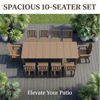 Tioline 11-Piece Patio Dining Set, Outdoor Dining Set for 10, HDPE All-Weather Outdoor Furniture with 89.57” Umbrella Hole Table, 2 Armchairs & 8 Armless Chairs, Brown