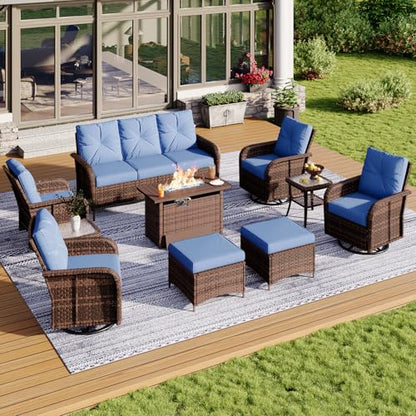 Aoxun 10-Piece Wicker Rattan Patio Furniture Set with 44" Fire Pit Table