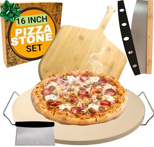 Large Pizza Stone for Oven 16 inch - Round Pizza Stone for Grill with Handles, Wood Pizza Peel and Cutter Set - Baking Stone for Bread - Pizza Making Kit Accessories - Gifts for Food Lovers