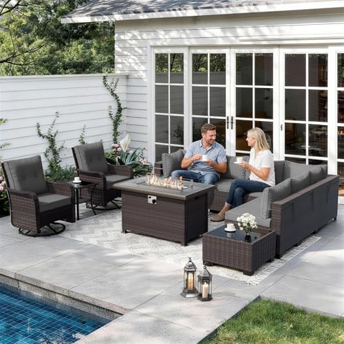 ALAULM Patio Furniture Set with 2 Swivel Chairs, Outdoor Sectional with 55000 BTU Fire Pit Table and Wide Seat, 11 Pieces Wicker Rattan Conversation Set with Coffee Table for Garden, Deck, Grey