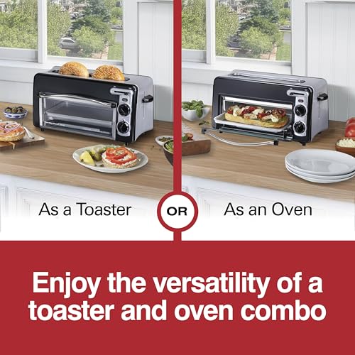 Hamilton Beach Versatile 2-in-1 Countertop Toaster Oven & Long Slot 2 Slice Toaster for Toasting & Baking, Automatic Shut Off, Shade Selector, Temperature Control, Compact Retro Design, Black (22725)