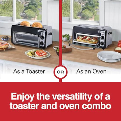 Hamilton Beach Versatile 2-in-1 Countertop Toaster Oven & Long Slot 2 Slice Toaster for Toasting & Baking, Automatic Shut Off, Shade Selector, Temperature Control, Compact Retro Design, Black (22725)