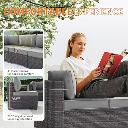Gotland 11 Pieces Patio Furniture Set with Fire Pit Table Swivel Chairs, PE Rattan Outdoor Furniture with 29.5'' High Backrest 4’’ Thick Cushions, Outdoor Sectional for Porch, Deck, Garden, Grey