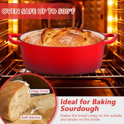 P&P CHEF Oval Dutch Oven with Lid, Enameled Cast Dutch Oven Pot for Bread Baking, Braising, Stewing, Roasting, Non-Stick & Oven Safe, Dual Handles & Easy Clean, 7QT & Red, Valentine's Day