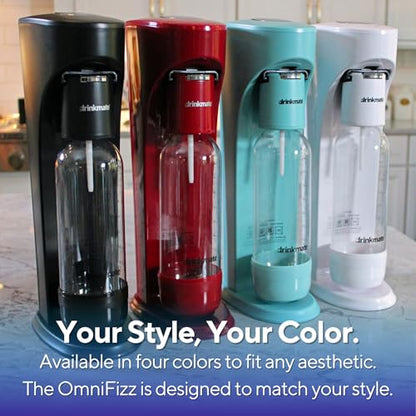 Drinkmate OmniFizz Sparkling Water Maker & Soda Streaming Machine | Carbonates Any Drink | ULTIMATE BUNDLE | Includes Three 60L CO2 Cartridges + Two BPA-Free Bottles (Matte Black)