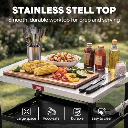 Feasto 3-Tier Outdoor Grill Cart, Rolling Pizza Oven Table with Compact 26.6" x 16.1" Stainless Top for Pizza Ovens & Griddles, Outdoor Bar Cart with S-Hooks for Patio Parties, Deck Dining & Camping