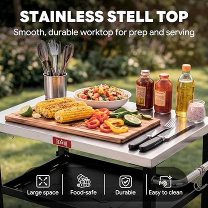 Feasto 3-Tier Outdoor Grill Cart, Rolling Pizza Oven Table with Compact 26.6" x 16.1" Stainless Top for Pizza Ovens & Griddles, Outdoor Bar Cart with S-Hooks for Patio Parties, Deck Dining & Camping