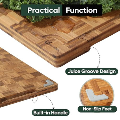 Heavy Duty Bamboo Cutting Board Set 3 Pack Non Toxic Juice Groove Charcuterie Board Book Wood Cutting Boards for Kitchen Solid End Grain Wood Chopping Board Large Butcher Block