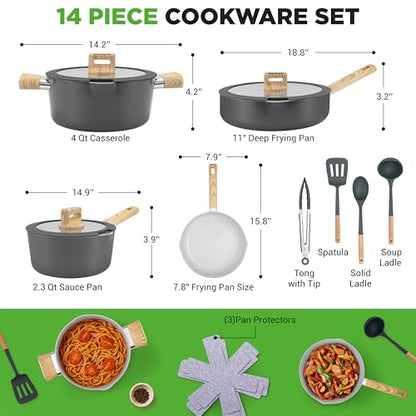 NutriChef 14-Piece Non-Stick Ceramic Cookware Set - Induction Safe Pots and Pans with Glass Lids, Cool-Touch Handles, Even Heat Distribution, Dishwasher Safe, Includes Ladle, Tong, Spatula (Black)