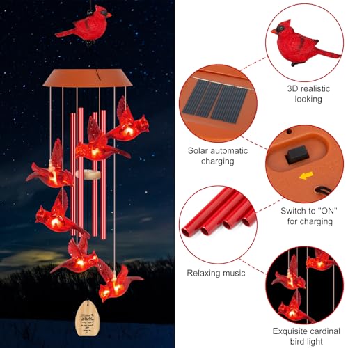 Solar Wind Chimes for Outside, Memorial Cardinal Wind Chimes, 35" LED Windchimes Outdoors Christmas Birthday Cardinal Gifts for Women Mom Grandma Home Garden Decor