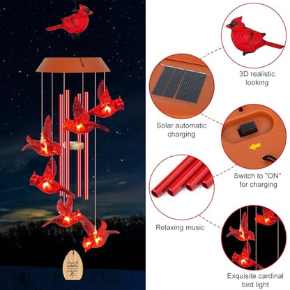 Solar Wind Chimes for Outside, Memorial Cardinal Wind Chimes, 35" LED Windchimes Outdoors Christmas Birthday Cardinal Gifts for Women Mom Grandma Home Garden Decor