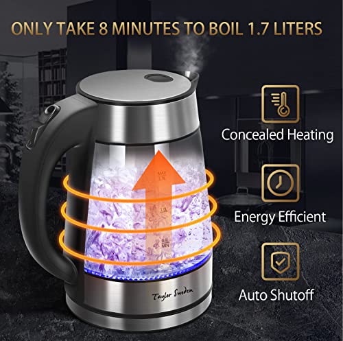 Taylor Swoden 1.7L Electric Tea Kettle, Glass Hot Water Boiler for Tea