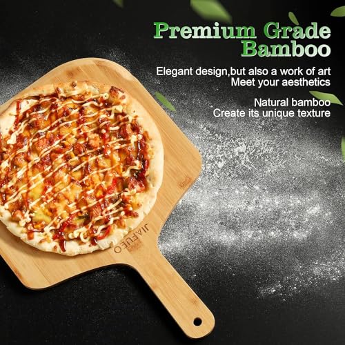 JIAFUEO Pizza Peel 12 inch, Bamboo Pizza Paddle Spatula - Wooden Serving Board, Oven Accessory for Baking Homemade, Wood Cutting Board for Cheese Bread Fruit Vegetables