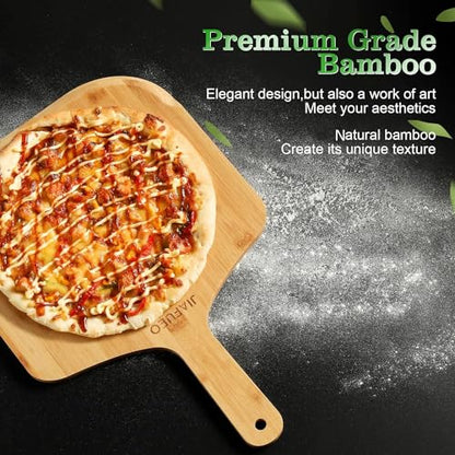 JIAFUEO Pizza Peel 12 inch, Bamboo Pizza Paddle Spatula - Wooden Serving Board, Oven Accessory for Baking Homemade, Wood Cutting Board for Cheese Bread Fruit Vegetables