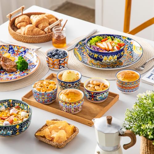 vancasso 6 Oz Ramekins Oven Safe Set of 6, Bohemian Creme Brulee Ramekins, Colorful Souffle Dishes, Pudding Custard Cups for Baking, Small Ceramic Bowls for Dipping Sauce, Ice Cream