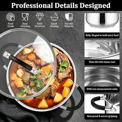 E-far 12 Quart Stock Pot, Stainless Steel Pot with Lid for Cooking Soup Simmering Stew, Tall Induction Pot w/Tri-Ply Thick Base, Large Cooking Pot w/Dual Heat Proof Handles, No-Toxic & Dishwasher Safe