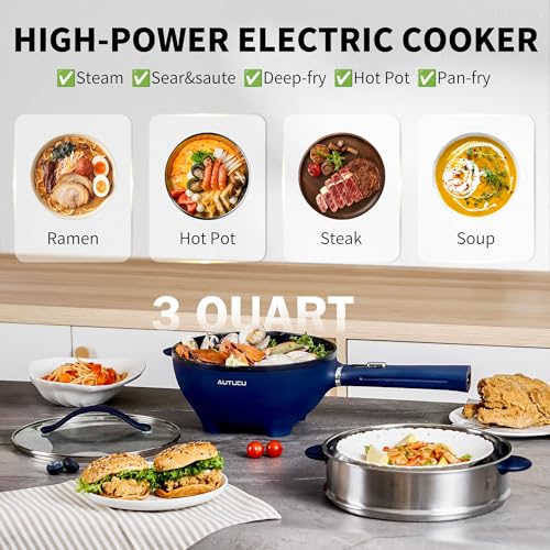 AUTUCU 3-Quart Electric Hot Pot & wok Nonstick with Steamer | Electric Skillet 1200W for Dorm, Home, Gifts (Includes Silicone Spatula) Multi-Cooker