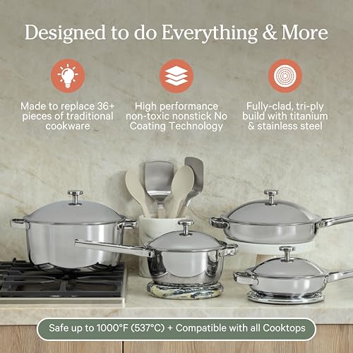Our Place Titanium Pro Cookware Set | 10-Piece Pots and Pans Set with Always Pan Pro, Perfect Pot Pro & Minis | Non-Toxic No-Coating Nonstick | Induction & Oven-Safe up to 1000°F | Chrome
