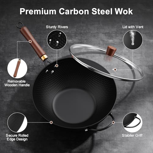Todlabe 13-Inch Carbon Steel Wok Pan with Glass Lid, Naturally Nonstick Pre-Seasoned Woks & Stir-Fry Pans, No Chemical Coating, Flat Bottom for Induction, Gas, Electric, Halogen & All Stoves