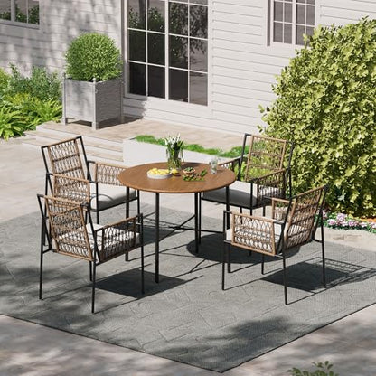 LAUSAINT HOME 5 Piece Outdoor Patio Dining Set, PE Rattan Patio Furniture Set with 4 Cushioned Armchairs & 1 Round Dining Table with Umbrella Hole, Steel Frame for Backyard, Porch, Poolside, Beige