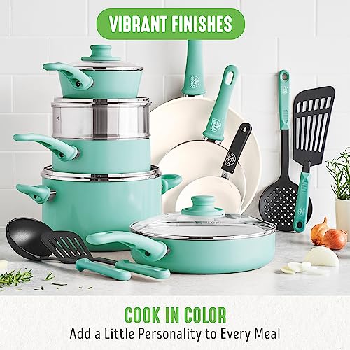 GreenLife Soft Grip Healthy Ceramic Nonstick 18 Piece Kitchen Cookware Pots and Frying Sauce Saute Pans Set, PFAS-Free with Kitchen Utensils and Lid, Dishwasher Safe, Turquoise