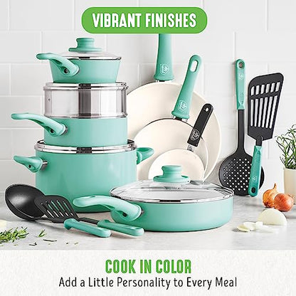 GreenLife Soft Grip Healthy Ceramic Nonstick 18 Piece Kitchen Cookware Pots and Frying Sauce Saute Pans Set, PFAS-Free with Kitchen Utensils and Lid, Dishwasher Safe, Turquoise