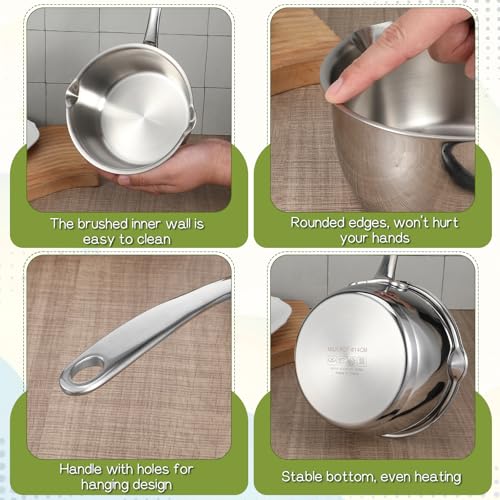 Stainless Steel Butter Warmer Pan 25 Ounce Mini Butter Melting Pot with Scraper Kitchen Induction Milk Pot Saucepan with Dual Pour Spout for Milk, Coffee, and Melting Chocolate, 750ml/0.8 Quart
