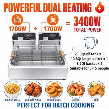 Commercial Deep Fryer with Basket, 12.7QT/12L Large Capacity Electric Oil Fryer, 3400W Stainless Steel Countertop Fryer with Temperature Control & Lids for Restaurant Home Kitchen