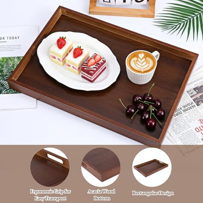 HANLANXUE 2 Pcs 17 Inch Acacia Wood Serving Trays with Handles, Large Wooden Tray Platter for Ottoman, Breakfast in Bed, Coffee Table, Decorative Rectangular Tray for Living Room Bedroom Kitchen
