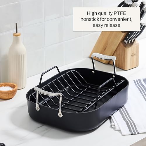 All-Clad Essentials Hard Anodized Nonstick Roaster with Rack 11x14 Inch Oven Broiler Safe 500F Roaster Pan, Pots and Pans, Cookware Black