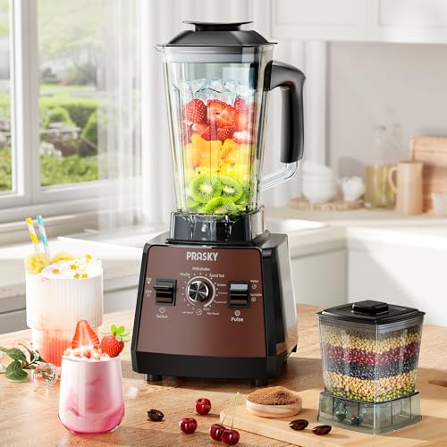 Blenders for Kitchen, Smoothie Blender, 2400W/1000W Prasky Blender & Grinder Combo, 25,000 RPM High Speed, 68oz BPA-Free Food Processor, Countertop Blender for Smoothies, Shakes & Food (Brown,2L)
