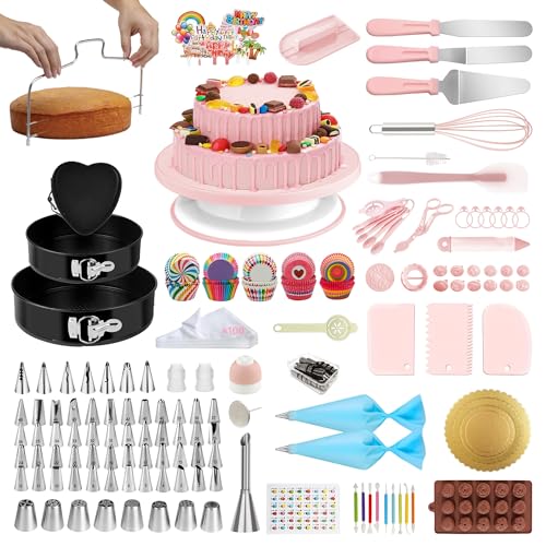 Cake Decorating Kit - Cake Turntable for Decorating with Baking Springform Pans, Cake Leveler, Numbered Piping Tips, 2 Spatulas, Baking Supplies Tools