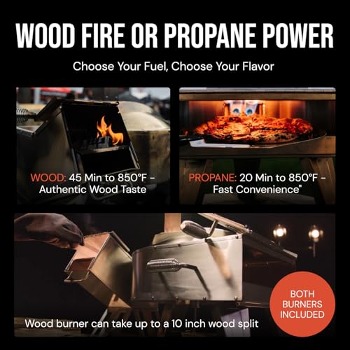SCORPIO Pizza Oven - Dual Fuel Wood & Propane Portable Outdoor Pizza Oven with 16” Rotating Stone - 90 Second Cook at 850-900°F- Ultra Durable 304 Stainless Steel - Ceramic Viewing Window