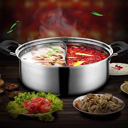 Kerykwan 304 Food Grade Stainless Steel Shabu Shabu Hot pot with Divider&Lid for Induction Cooktop Gas Stove Dual Sided Soup Cookware