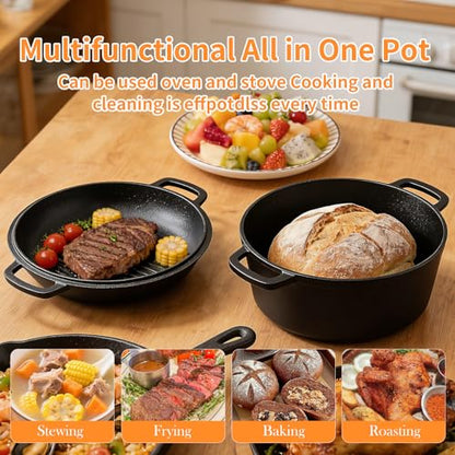 Pre-Seasoned Cast Iron Dutch Oven for Bread Baking - incl. Sourdough Bread-Baking Supplies like Proofing Basket, 2-in-1 Dutch Oven Pot with Skillet Lid and Dual Handles, Sour Dough Tools, Lame, 5QT