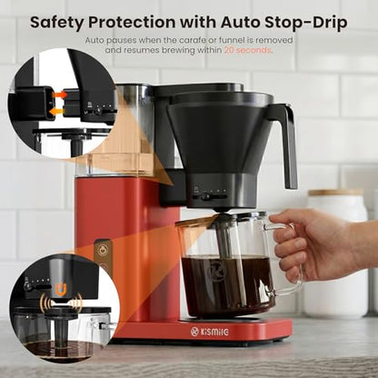 Kismile 8-Cup Coffee Maker, SCA Certified Hot & Cold Brew Coffee Machine, 6-Min Quick Brew, Magnetic Anti-Drip, Keep Warm/Auto-off, Dishwasher Safe, DIY Manual Mode, 44oz Removable Reservoir, Red
