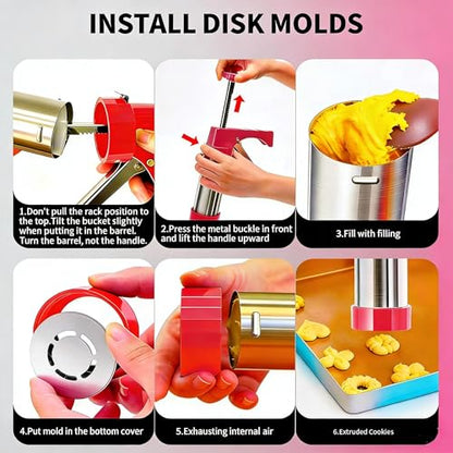 Stainless Steel Spritz Cookie Press - Press Gun Kit with 13 Discs & 8 Piping Tips, DIY Christmas Maker, Practical Baking Gadgets red