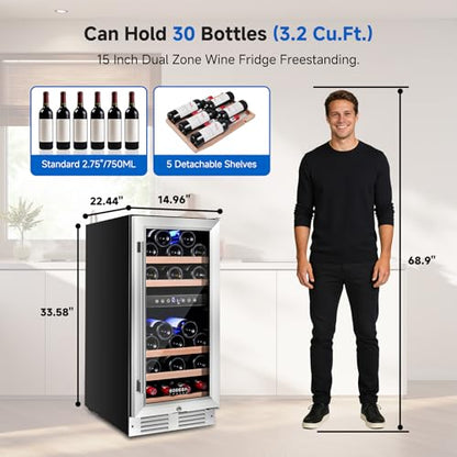 BODEGA 15 Inch Wine Fridge, 30 Bottle Dual Zone Wine Cooler, 41-72℉ Compressor Wine Refrigerator with Tempered Glass Door, Built-in or Freestanding Wine Cooler for Home Kitchen Bar (3.2 cu.ft).