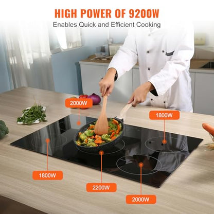 VEVOR Electric Cooktop, 30" 5 Burners Induction Stove Top, 9200W Built-in Magnetic Cooktop, 9 Heating Level Multifunctional Burner, LED Touch Screen w/Child Lock & Over-Temperature Guard