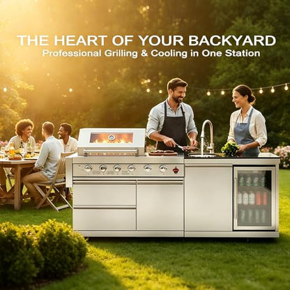 84-Inch Deluxe Stainless Steel Outdoor Kitchen Barbecue Island Grill, 5-Burner 75300 BTU, SS304 Material with Sink, Wine Cooler, Refrigerator, Granite Countertops & Rotisserie Kit, Silver (Silver)
