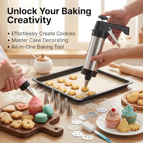 Stainless steel cookie press, cookie press gun set with 13 cookie press plates, a sponge brush and 8 piping nozzles, ideal for DIY Christmas cookies and decorative cookie nozzles, gift for women