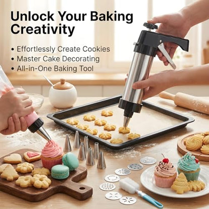 Stainless steel cookie press, cookie press gun set with 13 cookie press plates, a sponge brush and 8 piping nozzles, ideal for DIY Christmas cookies and decorative cookie nozzles, gift for women