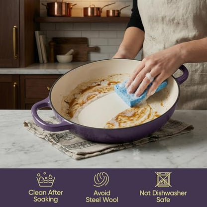 Vintage Style 3 Quart Enameled Cast Iron Braiser, Non Stick Enameled Cast Iron Skillet with Lid, Dutch Oven Skillet with lid up to 500°F for Oven, Stove, Grill, Shallow Dutch Oven for Cook, Bake (Purple)