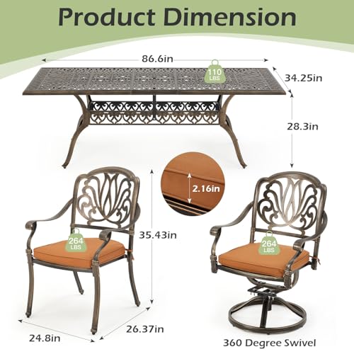 [Hi-End]9-Piece Outdoor Dining Set All Aluminum Patio Table and Chairs Set with 2 Swivel Chair & 6 Patio Chair Outdoor Dining Table Set for 8 Include 86.6’’ Rectangular Patio Table with Umbrella Hole