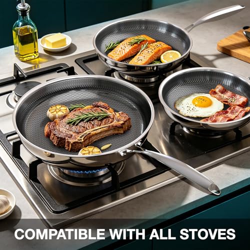 Umite Chef Non Stick Frying Pans Set, 8, 10 and 12-Inch Hybrid Frying Pans, Stainless Steel Nonstick Skillets for Cooking, Dishwasher & Oven-Safe, Induction Compatible Cooking Pan, PFOA Free Cookware