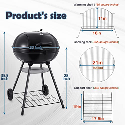 HaSteeL 22-Inch Kettle Charcoal Grill, Portable BBQ Gill with Wheels for Outdoors Barbecue, Camping, Picnic, Backyard, Tailgating, Beach, Storage Rack & 355 SQ.In Cooking Area, Black Porcelain Enamel
