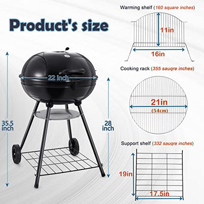 HaSteeL 22-Inch Kettle Charcoal Grill, Portable BBQ Gill with Wheels for Outdoors Barbecue, Camping, Picnic, Backyard, Tailgating, Beach, Storage Rack & 355 SQ.In Cooking Area, Black Porcelain Enamel