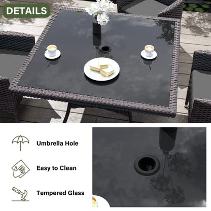 Kurapika 15-Piece Patio Furniture Outdoor Dining Set, Wicker Rattan Patio Dining Table and Chairs Set, Square Tempered Glass Tabletop with Umbrella Hole and 12 Chair Set, Grey