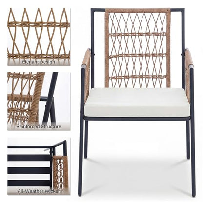 LAUSAINT HOME 5 Piece Outdoor Patio Dining Set, PE Rattan Patio Furniture Set with 4 Cushioned Armchairs & 1 Round Dining Table with Umbrella Hole, Steel Frame for Backyard, Porch, Poolside, Beige